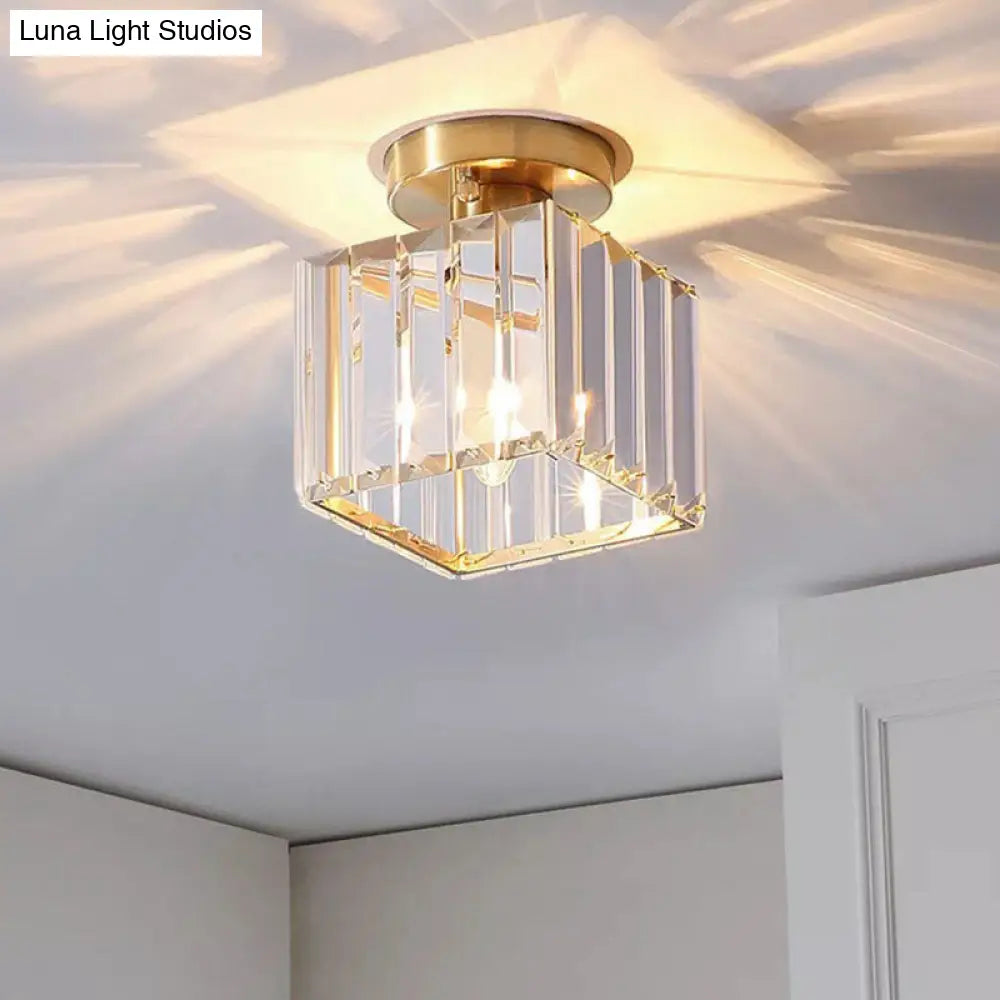 Golden Crystal Prism Semi Flush Mount Light For Foyer With Simple Style