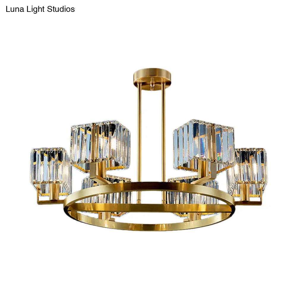 Golden Crystal Rectangle Pendant Chandelier - Sleek Dining Room Lighting Fixture With 4/8/10 Bulbs