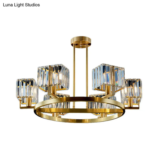 Golden Crystal Rectangle Pendant Chandelier - Sleek Dining Room Lighting Fixture With 4/8/10 Bulbs