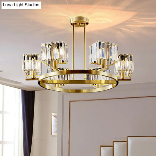 Golden Crystal Rectangle Pendant Chandelier - Sleek Dining Room Lighting Fixture With 4/8/10 Bulbs