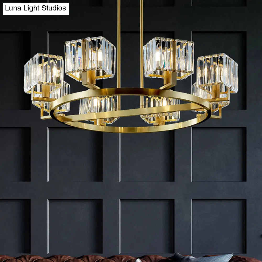 Golden Crystal Rectangle Pendant Chandelier - Sleek Dining Room Lighting Fixture With 4/8/10 Bulbs