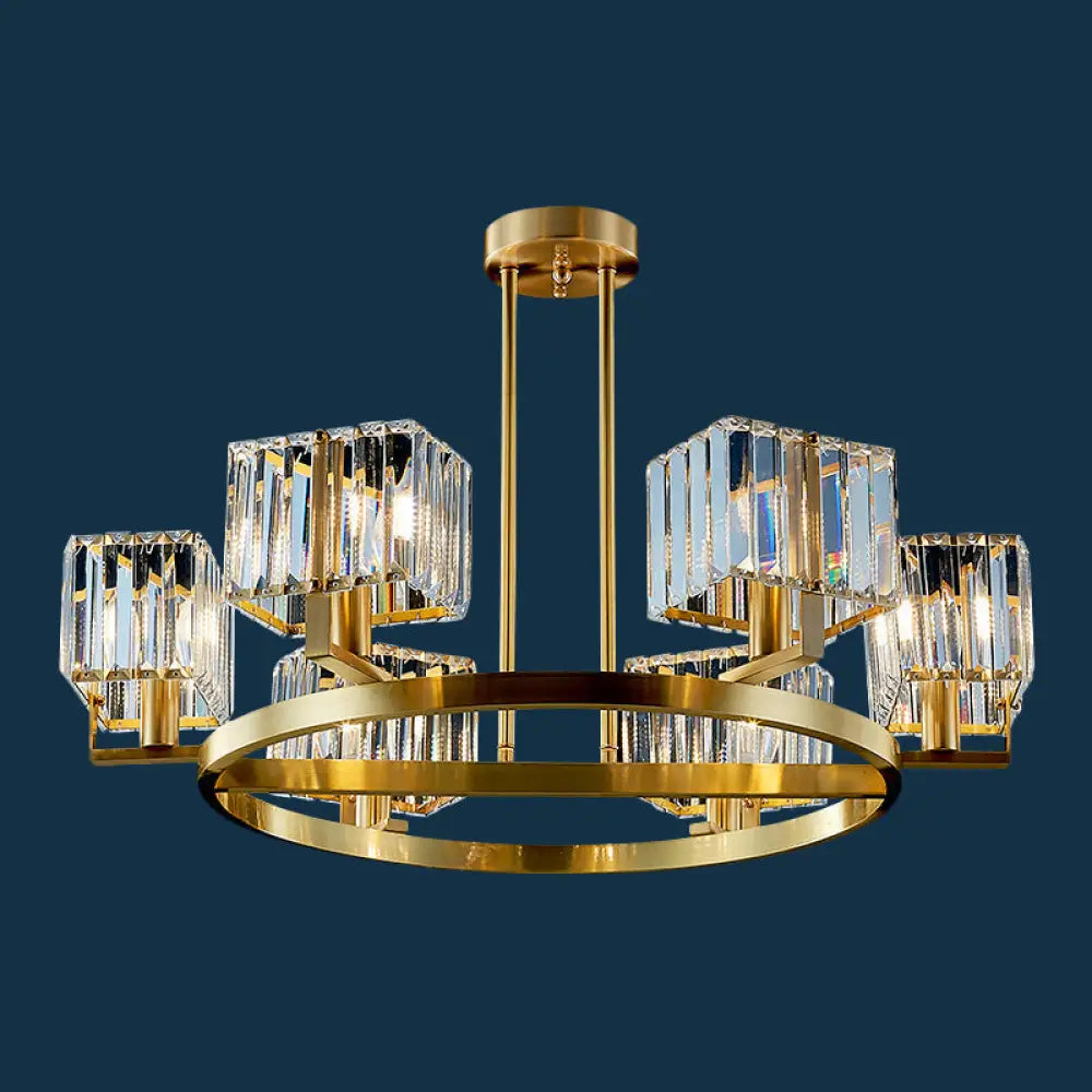 Golden Crystal Rectangle Pendant Chandelier - Sleek Dining Room Lighting Fixture With 4/8/10 Bulbs