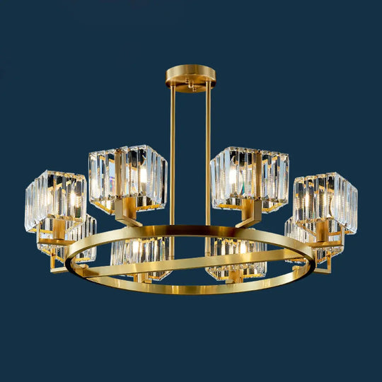 Golden Crystal Rectangle Pendant Chandelier - Sleek Dining Room Lighting Fixture With 4/8/10 Bulbs