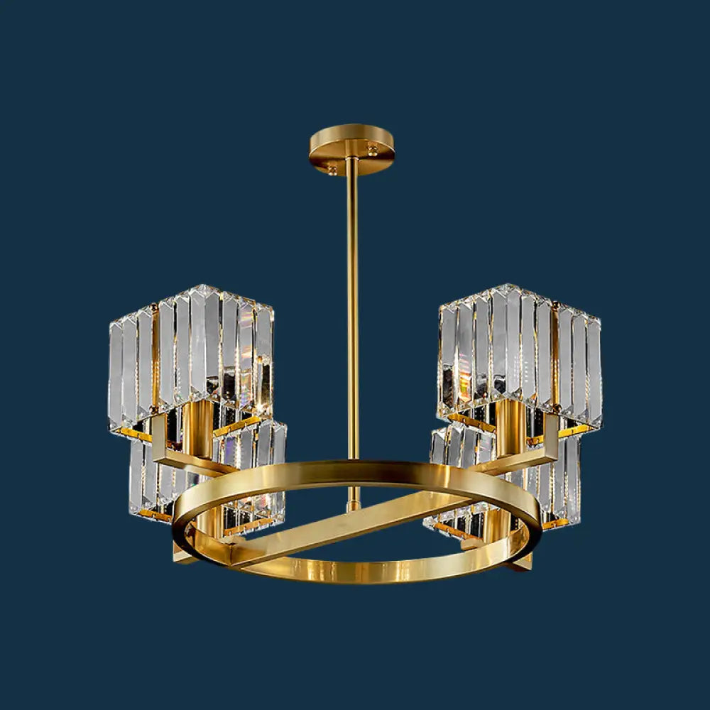 Golden Crystal Rectangle Pendant Chandelier - Sleek Dining Room Lighting Fixture With 4/8/10 Bulbs