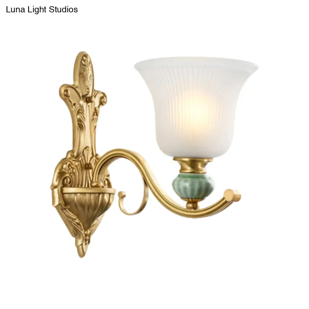 Golden Curved Arm Bell Wall Light With Frosted Glass And Ceramic Deco - Modern Style