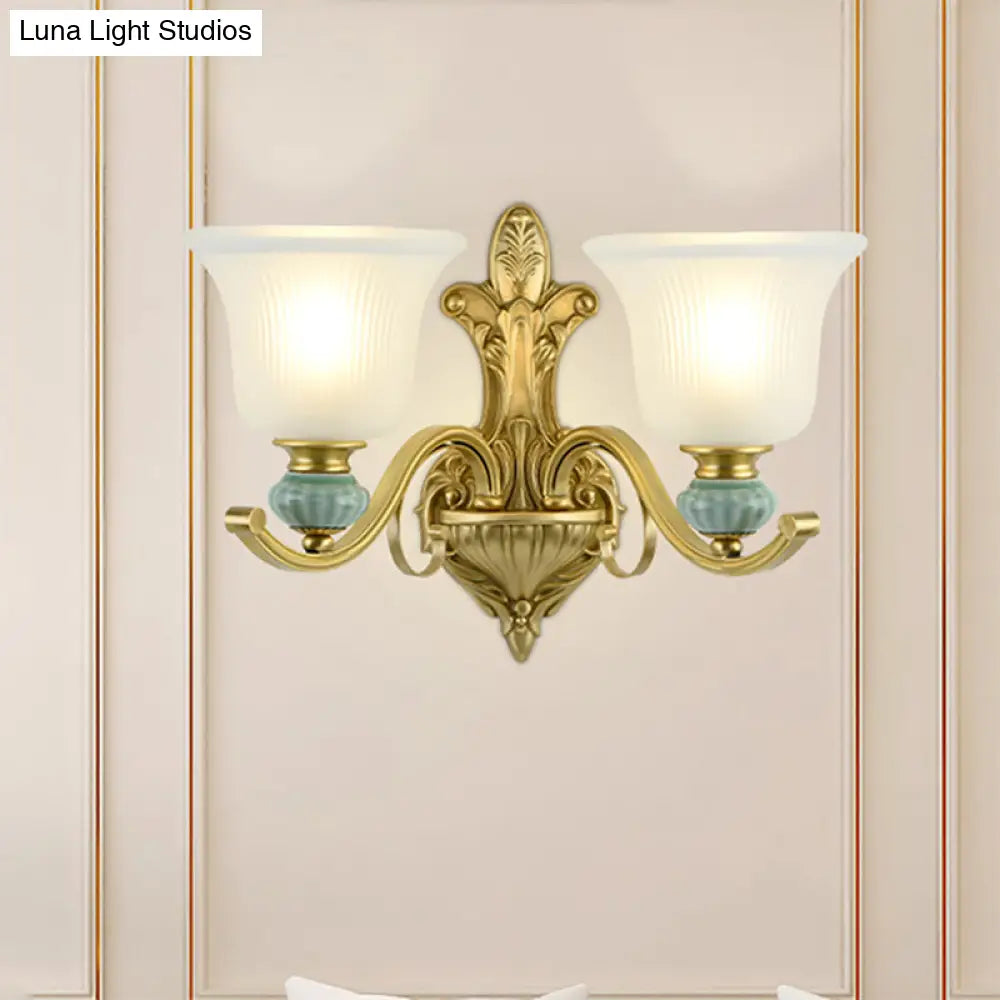 Golden Curved Arm Bell Wall Light With Frosted Glass And Ceramic Deco - Modern Style