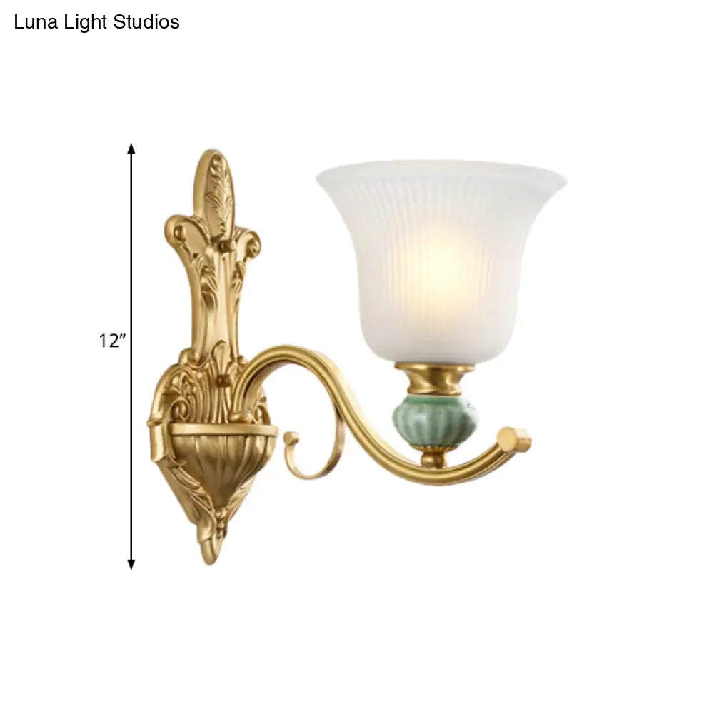 Golden Curved Arm Bell Wall Light With Frosted Glass And Ceramic Deco - Modern Style