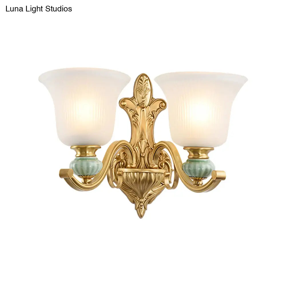 Golden Curved Arm Bell Wall Light With Frosted Glass And Ceramic Deco - Modern Style