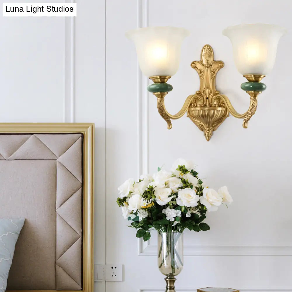 Golden Curved Arm Vintage-Style 1/2-Head Bell Wall Light Sconce With Opal Glass Perfect Bedside