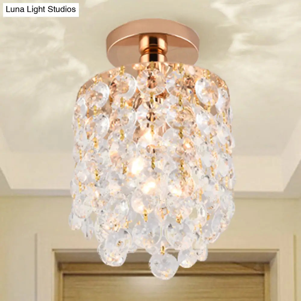 Golden Cylinder Crystal Semi - Flush Ceiling Light With Simplicity Design