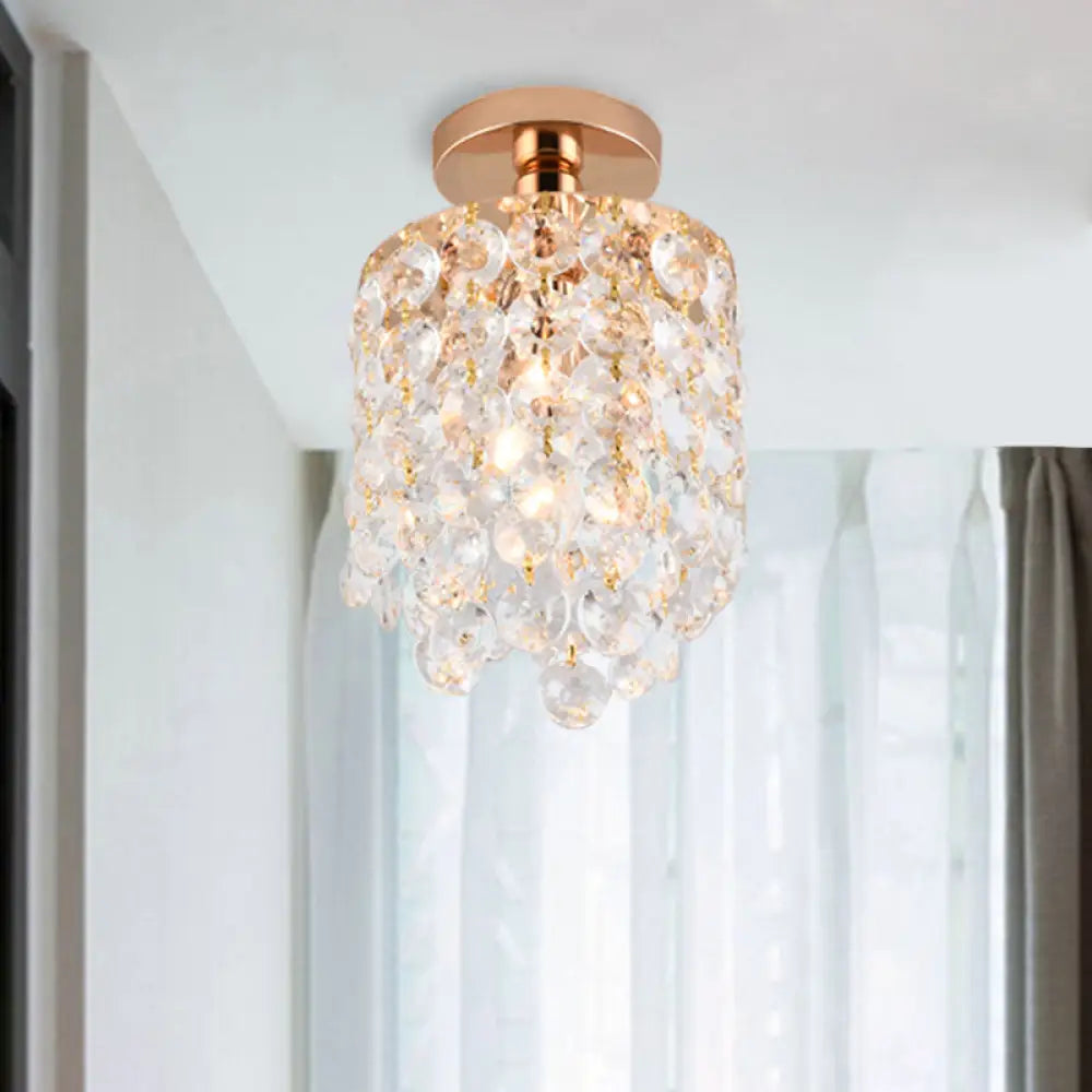 Golden Cylinder Crystal Semi - Flush Ceiling Light With Simplicity Design Gold