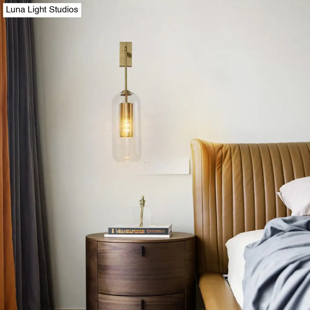 Golden Cylinder Wall Lamp With Clear Glass Sconce - Simple Bedroom Lighting Fixture