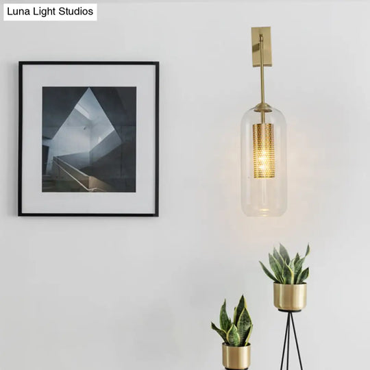 Golden Cylinder Wall Lamp With Clear Glass Sconce - Simple Bedroom Lighting Fixture