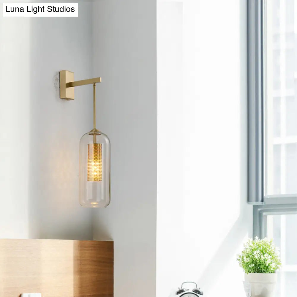 Golden Cylinder Wall Lamp With Clear Glass Sconce - Simple Bedroom Lighting Fixture