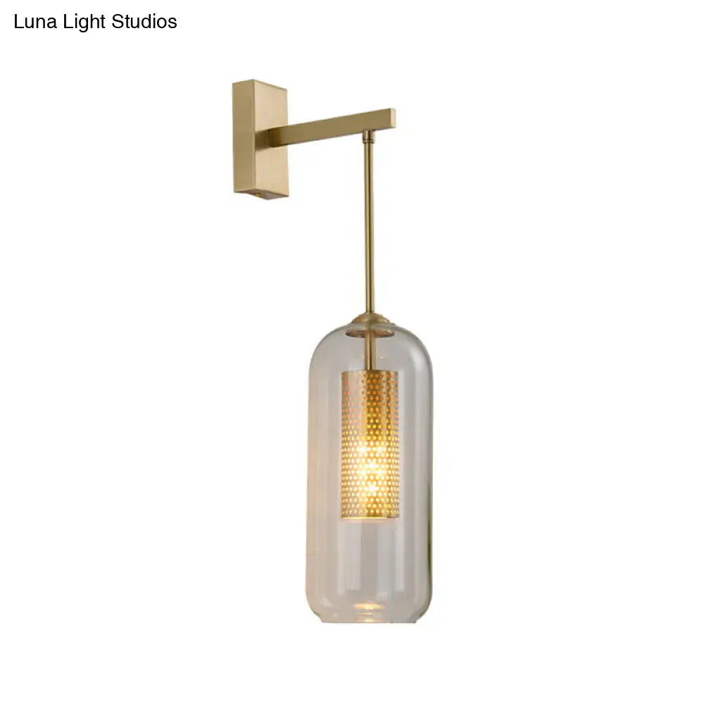 Golden Cylinder Wall Lamp With Clear Glass Sconce - Simple Bedroom Lighting Fixture