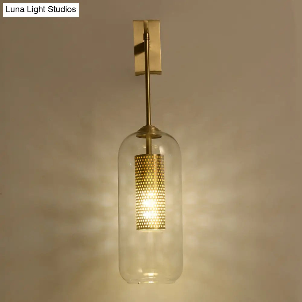 Golden Cylinder Wall Lamp With Clear Glass Sconce - Simple Bedroom Lighting Fixture