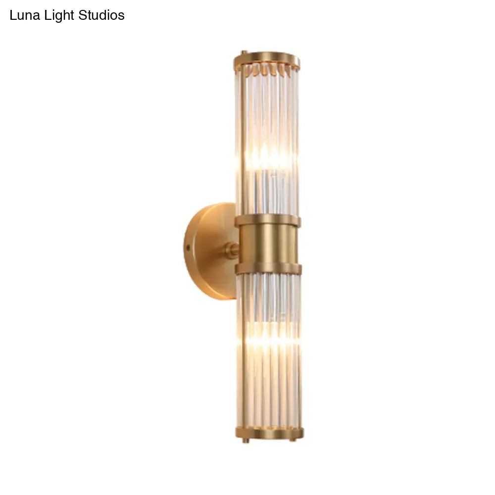 Golden Cylindrical Crystal Wall Sconce - Modernist 1/2-Light Corridor Fixture