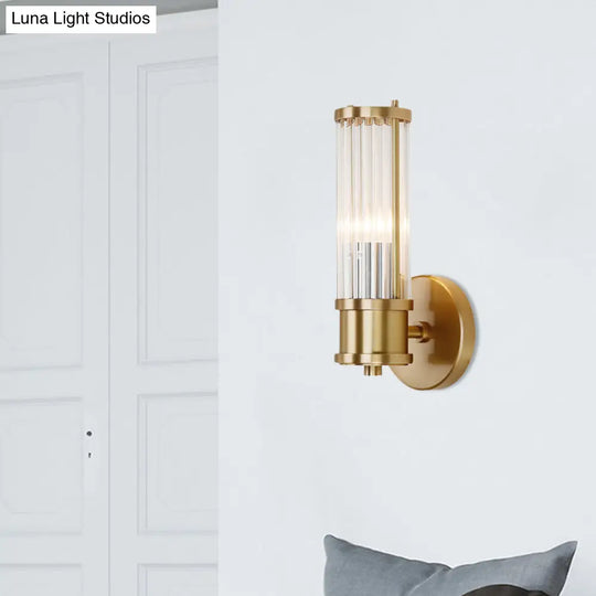 Golden Cylindrical Crystal Wall Sconce - Modernist 1/2-Light Corridor Fixture