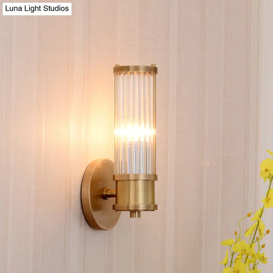 Golden Cylindrical Crystal Wall Sconce - Modernist 1/2-Light Corridor Fixture