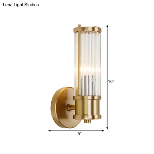 Golden Cylindrical Crystal Wall Sconce - Modernist 1/2-Light Corridor Fixture