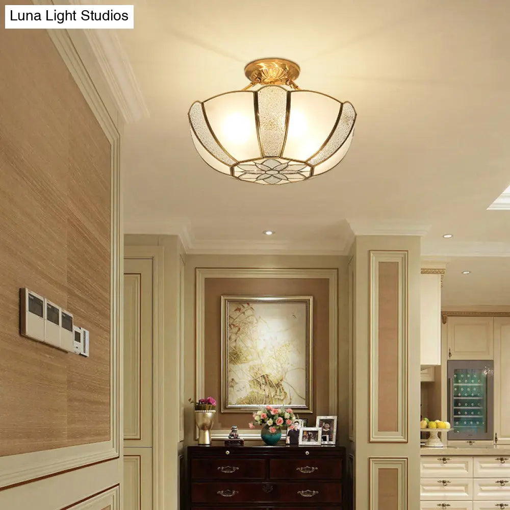 Golden Dome Ceiling Light: Classic Metal 3 Lights Semi Flush Mount With White Beveled Glass Shade
