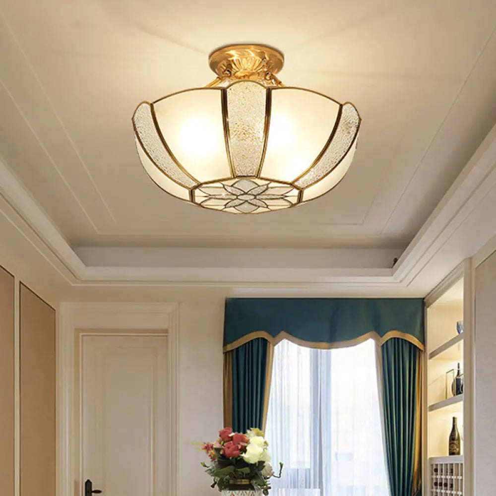 Golden Dome Ceiling Light: Classic Metal 3 Lights Semi Flush Mount With White Beveled Glass Shade