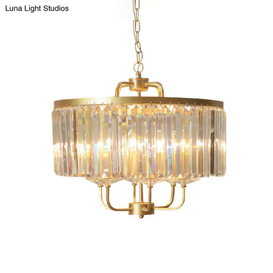 Modern Gold Chandelier With Crystal Rods And Tri-Sided Drum Shade - 7 Heads