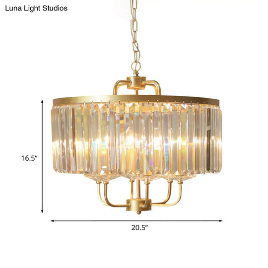 Modern Gold Chandelier With Crystal Rods And Tri-Sided Drum Shade - 7 Heads