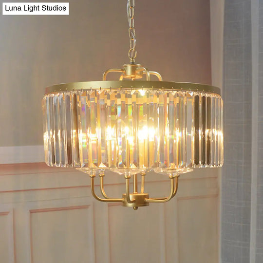 Modern Gold Chandelier With Crystal Rods And Tri-Sided Drum Shade - 7 Heads