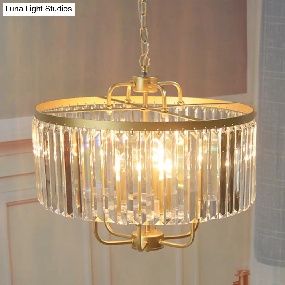 Modern Gold Chandelier With Crystal Rods And Tri-Sided Drum Shade - 7 Heads