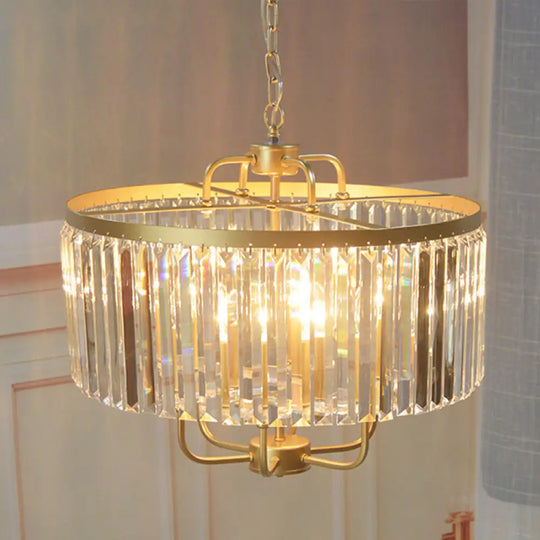 Golden Drum Chandelier With 7 Heads And Tri-Sided Crystal Rods - Modern Hanging Light Fixture Gold