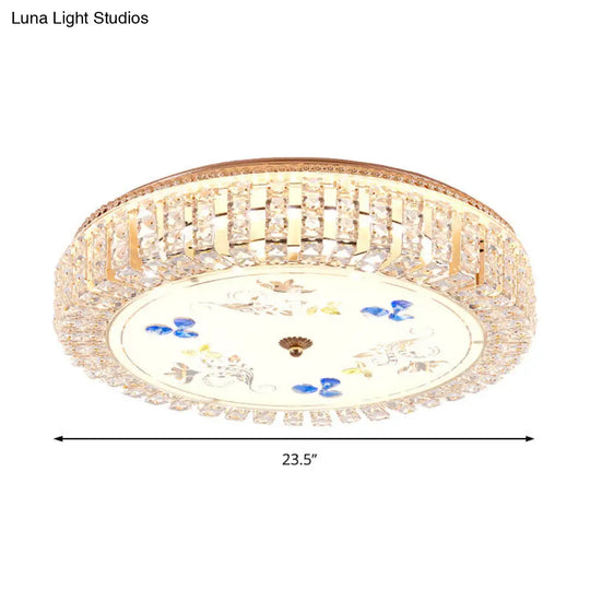 Golden Drum Flushmount Lighting: Modern Crystal And Glass Multi Light Ceiling Lamp (16/19.5 W) With