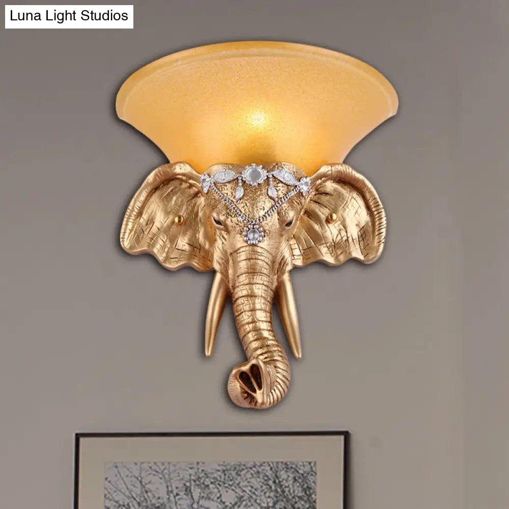 Golden Elephant Head Wall Lamp With Flared Yellow Glass Shade - Retro-Style Resin Sconce