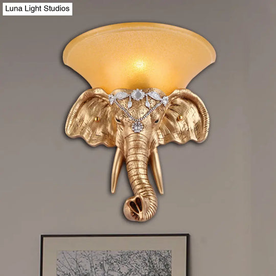 Golden Elephant Head Wall Lamp With Flared Yellow Glass Shade - Retro-Style Resin Sconce