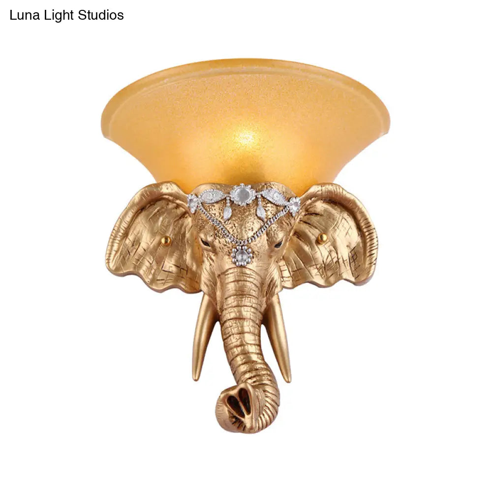 Golden Elephant Head Wall Lamp With Flared Yellow Glass Shade - Retro-Style Resin Sconce