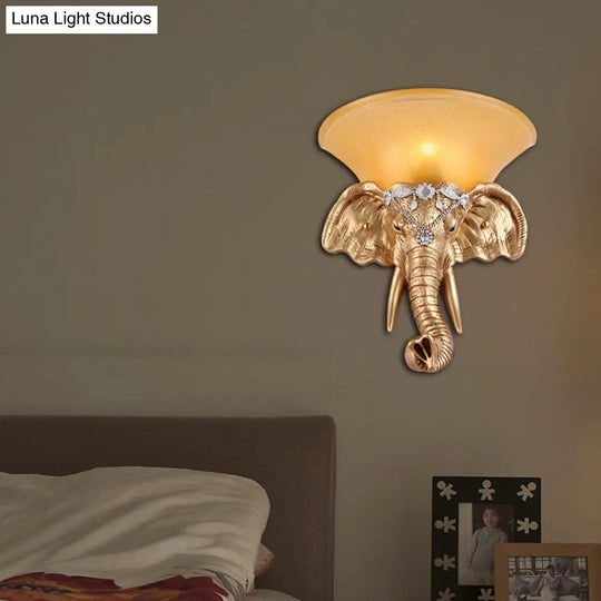 Golden Elephant Head Wall Lamp With Flared Yellow Glass Shade - Retro-Style Resin Sconce