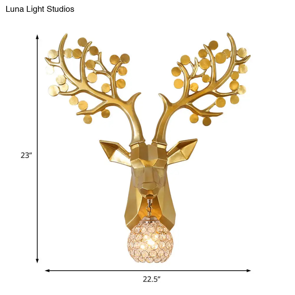 Golden Elk Sconce: Lodge Style Resin Wall Lamp With Crystal Shade 1 Light 15/22.5 W - Ideal For