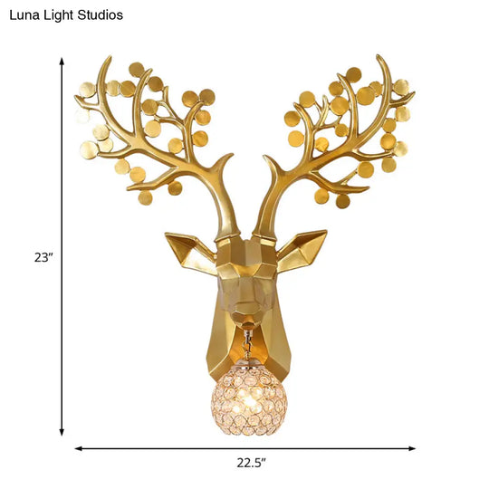 Golden Elk Sconce: Lodge Style Resin Wall Lamp With Crystal Shade 1 Light 15/22.5 W - Ideal For