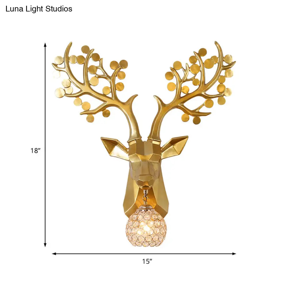 Golden Elk Sconce: Lodge Style Resin Wall Lamp With Crystal Shade 1 Light 15/22.5 W - Ideal For