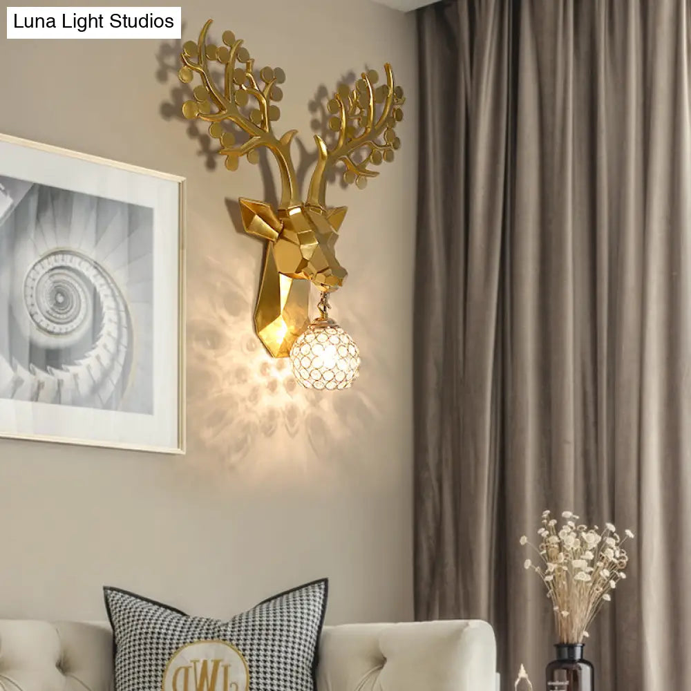 Golden Elk Sconce: Lodge Style Resin Wall Lamp With Crystal Shade 1 Light 15/22.5 W - Ideal For