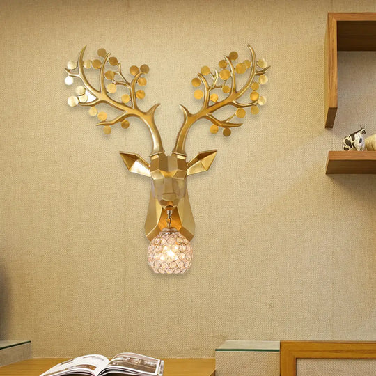 Golden Elk Sconce: Lodge Style Resin Wall Lamp With Crystal Shade 1 Light 15/22.5 W - Ideal For