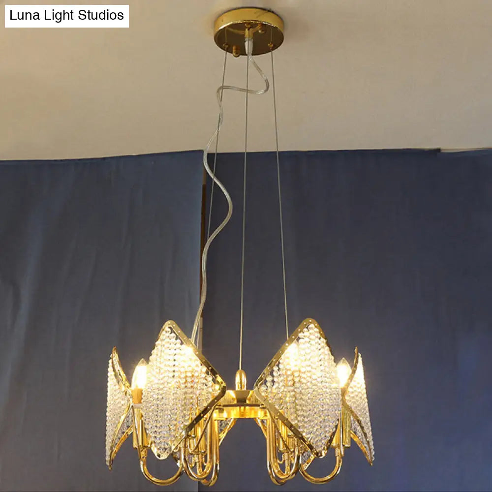 Modern Golden Flaky Chandelier Pendant - 6-Light Metallic Ceiling Lamp With Crystal Beads