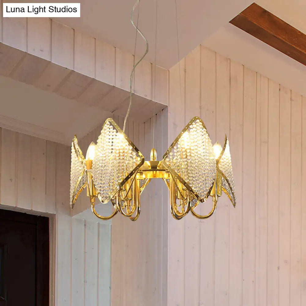 Modern Golden Flaky Chandelier Pendant - 6-Light Metallic Ceiling Lamp With Crystal Beads