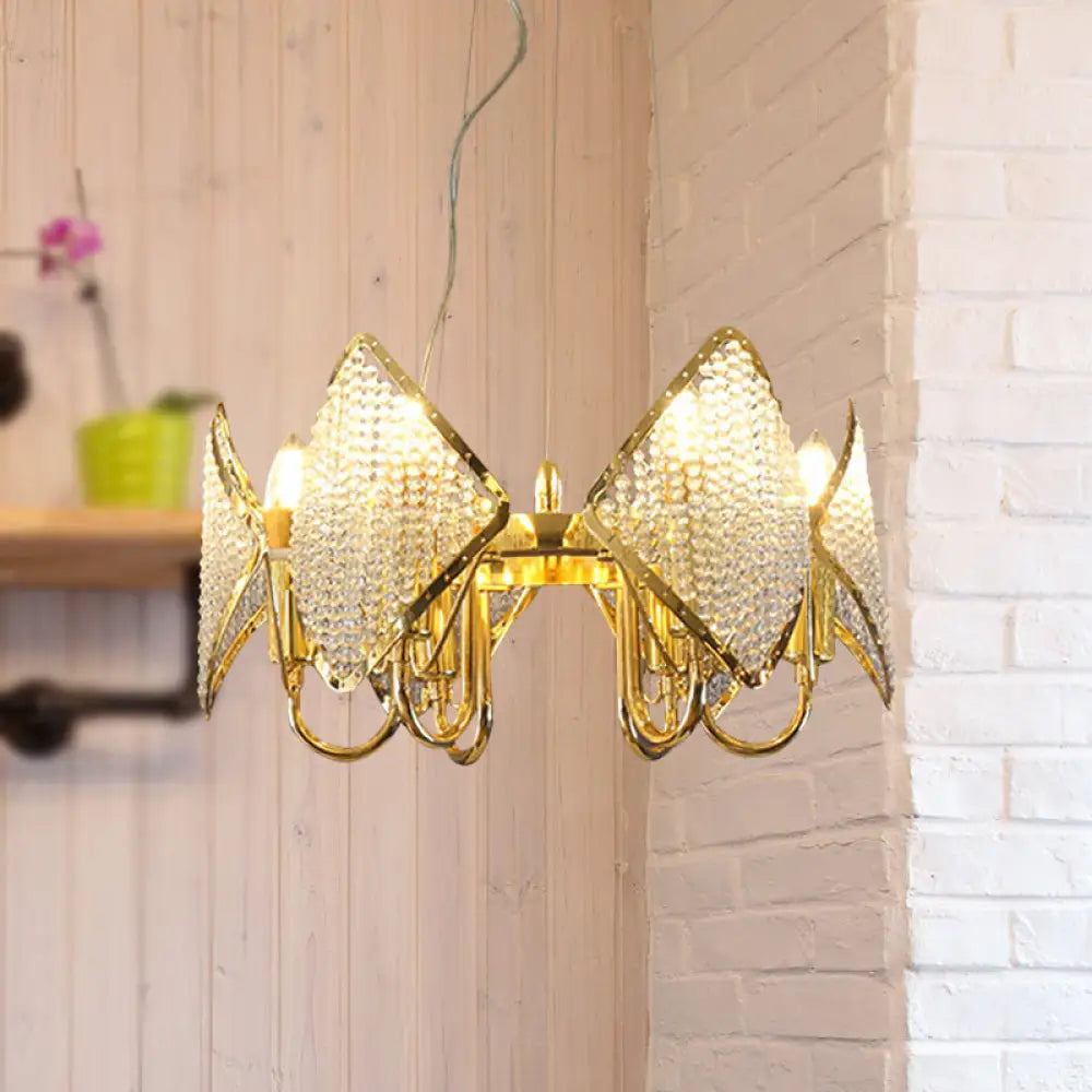 Golden Flaky Chandelier Pendant With Crystal Beads - Modern Metallic Ceiling Lamp (6 Lights) Gold