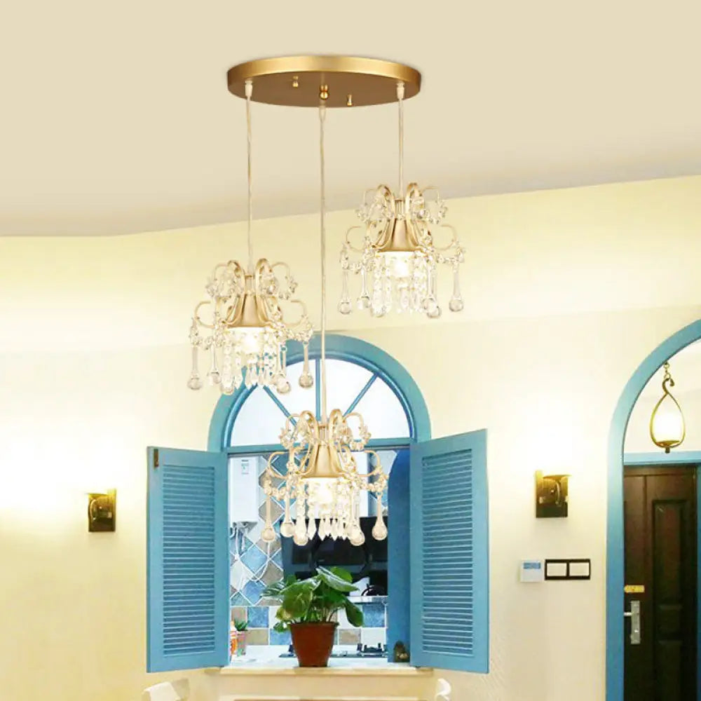 Golden Flared Semi Flush Mount Traditional 3 - Light Dining Room Ceiling Fixture With Crystal