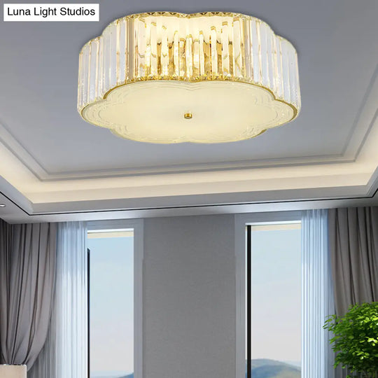 Golden Flower Flush Led Pendant Light With Modern Clear Crystal Design And Acrylic Diffuser -