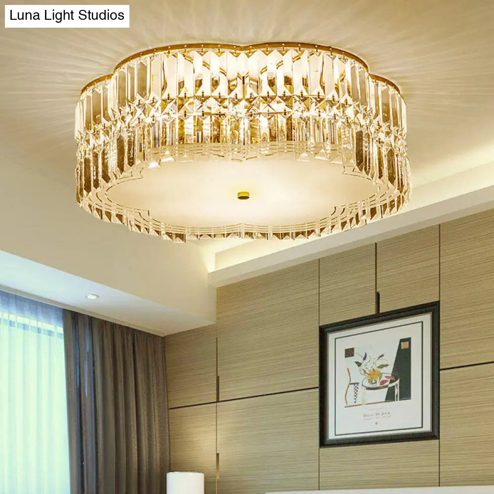 Golden Flower Flush Led Pendant Light With Modern Clear Crystal Design And Acrylic Diffuser -