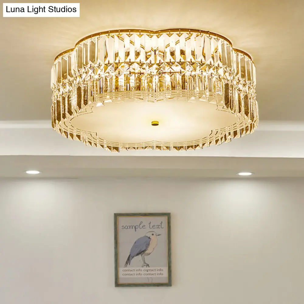 Golden Flower Flush Led Pendant Light With Modern Clear Crystal Design And Acrylic Diffuser -