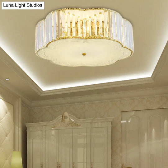 Golden Flower Flush Led Pendant Light With Modern Clear Crystal Design And Acrylic Diffuser -