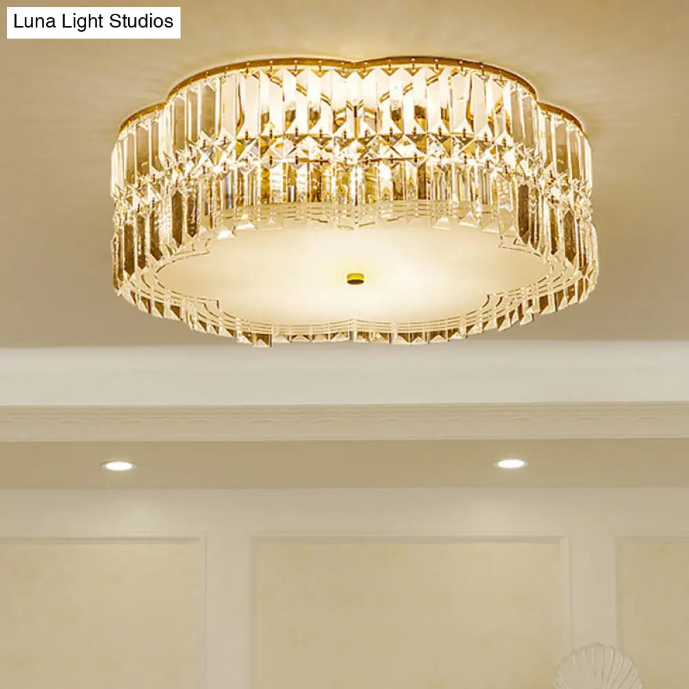 Golden Flower Flush Led Pendant Light With Modern Clear Crystal Design And Acrylic Diffuser -